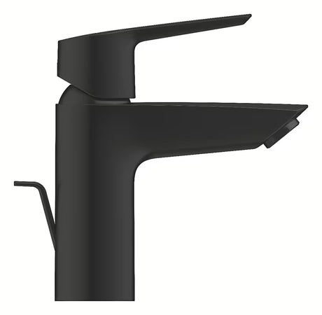 Matinės juodos spalvos svirtinis praustuvo maišytuvas Grohe Start su pastatomu montavimu ir dugno vožtuvu.