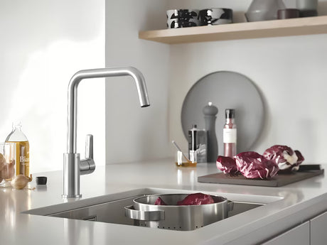 Svirtinis virtuvinis maišytuvas Grohe Start su aukštu pasukamu U formos snapu, supersteel spalvos