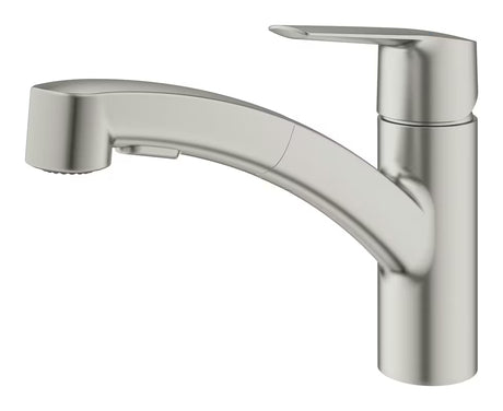 Virtuvinis svirtinis maišytuvas Grohe Start supersteel su ištraukiama dviejų srovių galvute ir pasukamu snapu