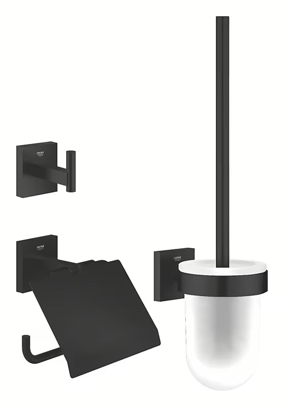 Grohe Start Cube vonios aksesuarų rinkinys matinės juodos spalvos su laikikliu popieriui, su kabliuku ir KLOZETAS šepečiu.