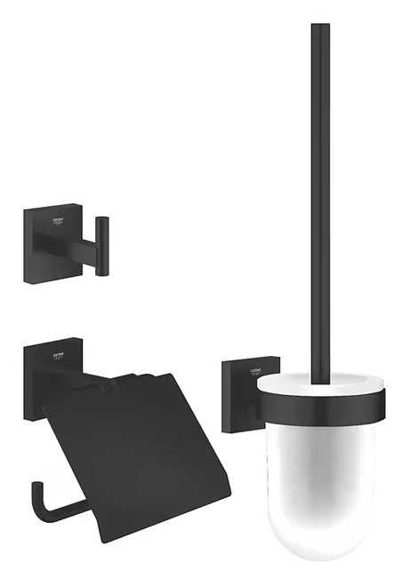 Grohe Start Cube vonios aksesuarų rinkinys matinės juodos spalvos su laikikliu popieriui, su kabliuku ir KLOZETAS šepečiu.