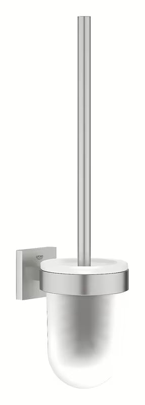 Sieninė WC šepetys Grohe Start Cube Accessories, supersteel apdailos, su stikline talpa ir paslėptu tvirtinimu.