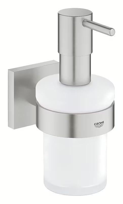 Skysto muilo Dozatorius su laikikliu Grohe Start Cube Accessories, supersteel apdailos, su stikline talpa