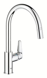 Chromuotas virtuvinis maišytuvas Grohe Start Curve su aukštu pasukamu snapu ir ištraukiama dušo galvute