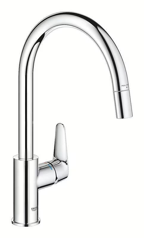 Chromuotas virtuvinis maišytuvas Grohe Start Curve su aukštu pasukamu snapu ir ištraukiama dušo galvute