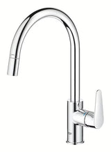 Chromuotas virtuvinis maišytuvas Grohe Start Curve su aukštu pasukamu snapu ir ištraukiama dušo galvute