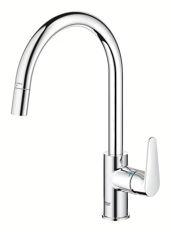 Chromuotas virtuvinis maišytuvas Grohe Start Curve su aukštu pasukamu snapu ir ištraukiama dušo galvute