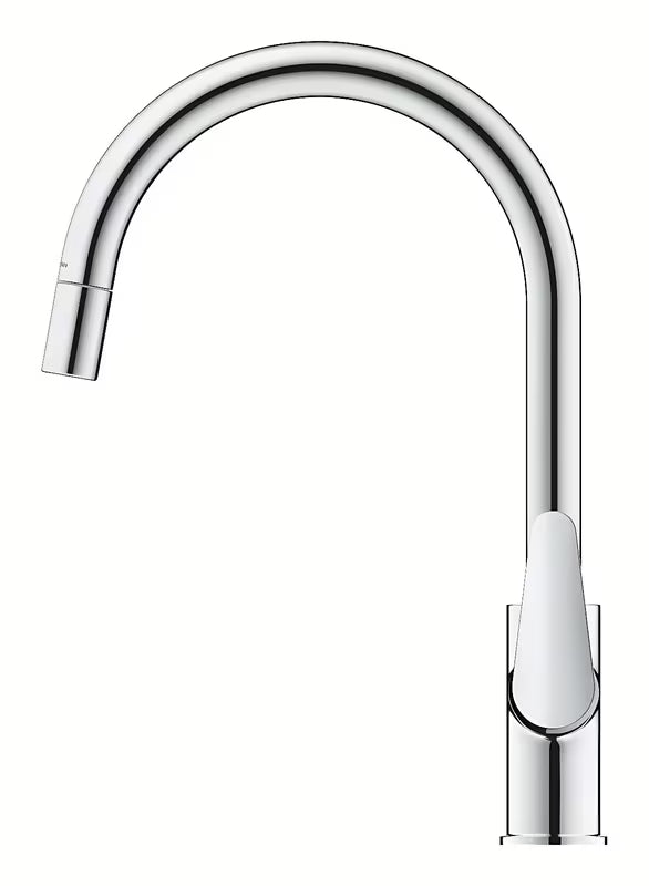 Chromuotas virtuvinis maišytuvas Grohe Start Curve su aukštu pasukamu snapu ir ištraukiama dušo galvute