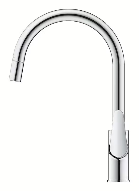Chromuotas virtuvinis maišytuvas Grohe Start Curve su aukštu pasukamu snapu ir ištraukiama dušo galvute