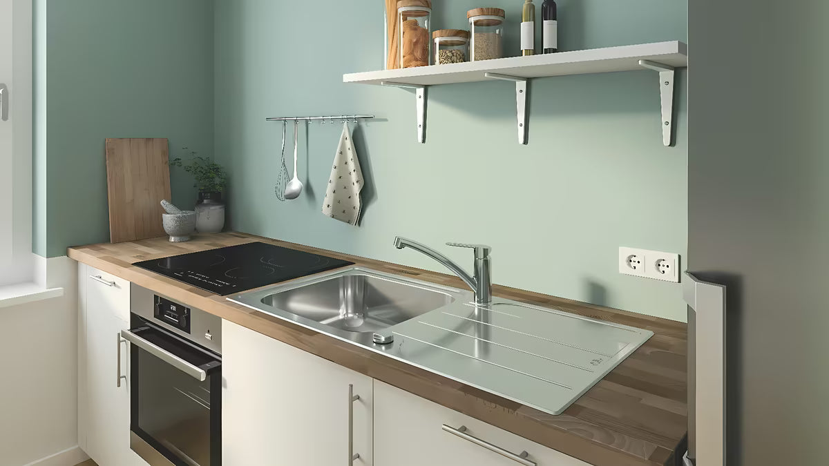Chromuotas svirtinis virtuvinis maišytuvas Grohe Start Eco su žemu pasukamu snapu