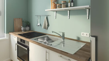 Chromuotas svirtinis virtuvinis maišytuvas Grohe Start Eco su žemu pasukamu snapu