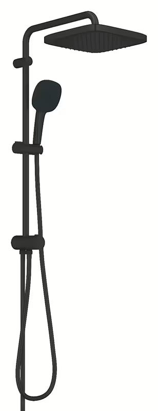 Matinės juodos spalvos dušo sistema Grohe Vitalio Comfort su viršutiniu dušu 250x250 mm ir rankiniu dušu