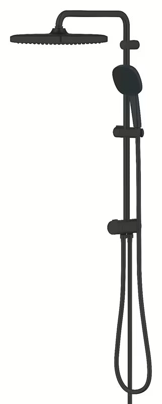 Matinės juodos spalvos dušo sistema Grohe Vitalio Comfort su viršutiniu dušu 250x250 mm ir rankiniu dušu