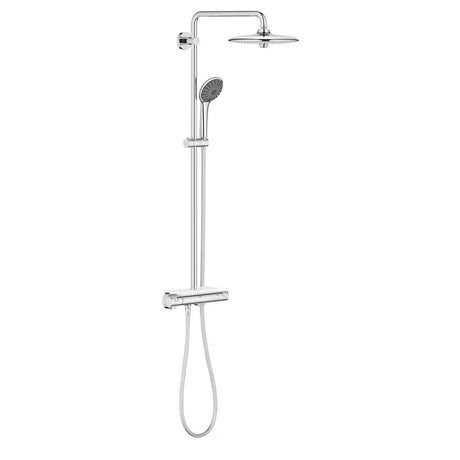 Chromuotas dušo sistema Grohe Vitalio Joy su termostatiniu maišytuvu, su viršutiniu ir rankiniu dušu