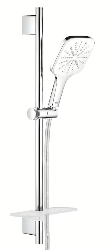 Chromo spalvos dušo komplektas Grohe Vitalio smartactive Cube su 3 srovių rankiniu dušu, stovu, žarna ir EasyReach lentynėle.