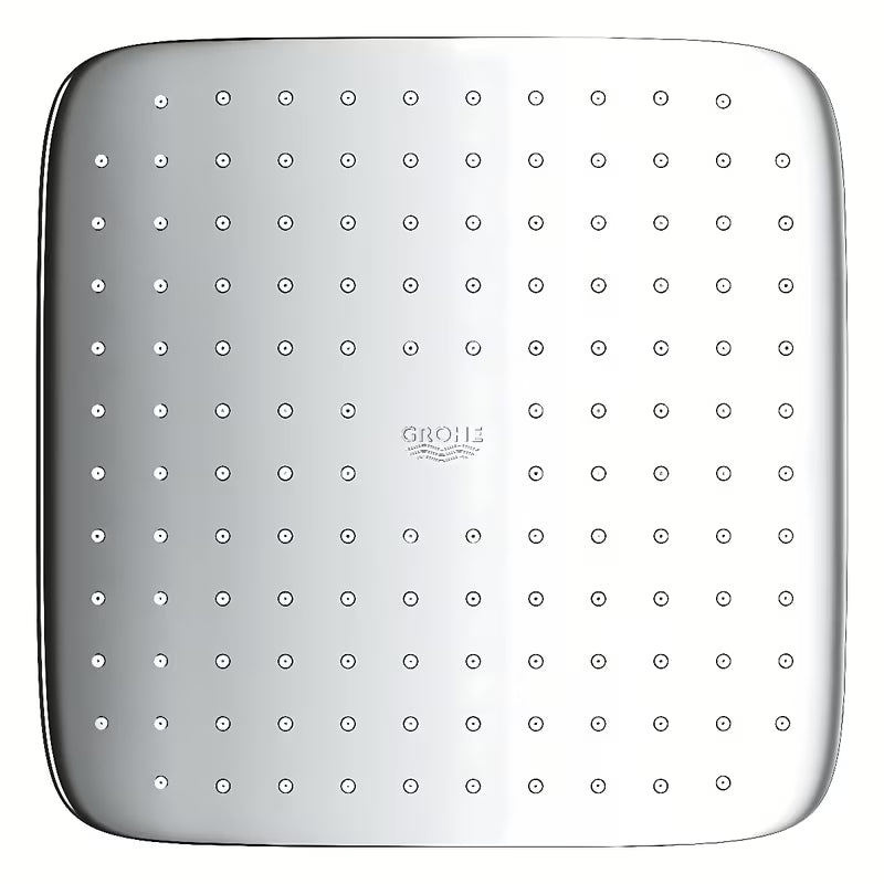 Kvadratinė viršutinis dušas Grohe Vitalio Comfort 250 Cube, chromo spalvos, su Rain srove ir baltu galiniu dangteliu.