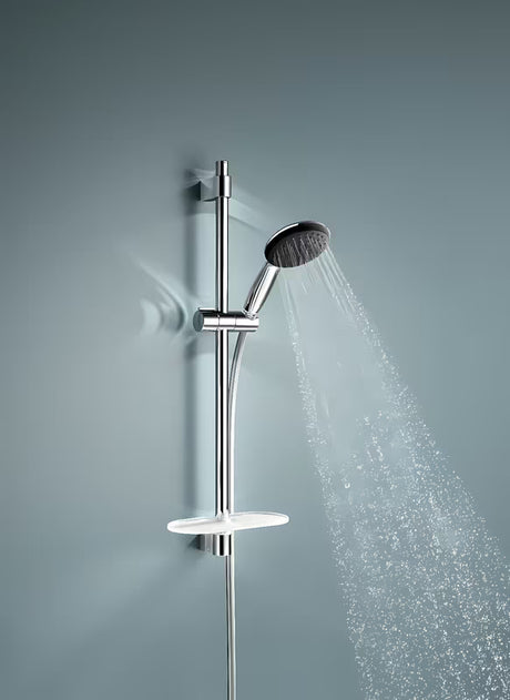 Chromo spalvos dušo komplektas Grohe Vitalio Start su rankiniu dušu, dušo stovu, žarna ir lentynėle