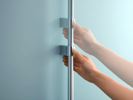 Chromuota dušo stovas Grohe Vitalio Universal su slankiojančiu ir pasukamu rankinio dušai laikikliu.
