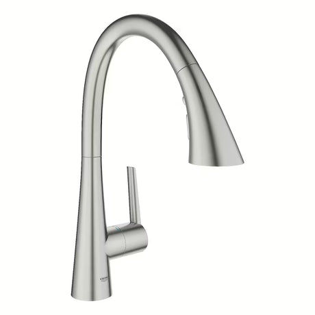 Virtuvinis maišytuvas Grohe Zedra, apdaila supersteel, su aukštu C formos snapu ir ištraukiama trijų srovių dušo galvute.
