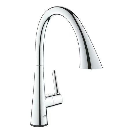 Chromo spalvos bekontaktis virtuvinis maišytuvas Grohe Zedra Touch su aukštu C formos snapu ir ištraukiama dušo galvute
