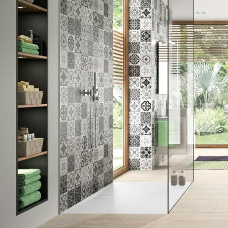 Balta matinė stačiakampis dušo padėklas Hüppe easyflat 180x90 cm iš lieto marmuro, žemo profilio