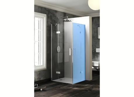 Hüppe SolvaPro varstomos dušo durys 80 cm su sieniniu profiliu, chromo spalvos, kairinis variantas, SandPlus stiklas.