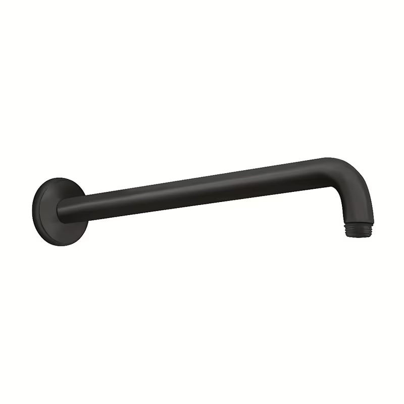 Matinės juodos spalvos dušo galvos alkūnė Hansgrohe sieninis, 389 mm ilgio, apvalaus dizaino.