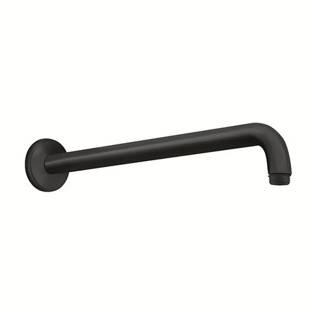 Matinės juodos spalvos dušo galvos alkūnė Hansgrohe sieninis, 389 mm ilgio, apvalaus dizaino.