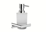 Chromuotas sieninis skysto muilo dozatorius hansgrohe addstoris su stikliniu indu ir metaliniu laikikliu.