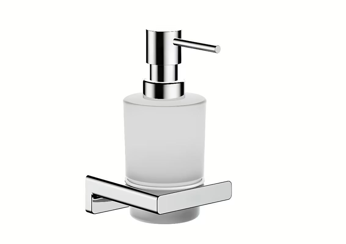 Chromuotas sieninis skysto muilo dozatorius hansgrohe addstoris su stikliniu indu ir metaliniu laikikliu.
