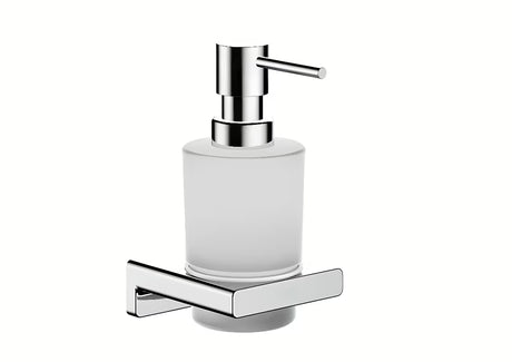 Chromuotas sieninis skysto muilo dozatorius hansgrohe addstoris su stikliniu indu ir metaliniu laikikliu.