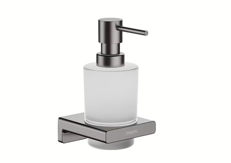 Sieninis skysto muilo dozatorius hansgrohe addstoris iš šukuoto juodo chromo su stikline talpa