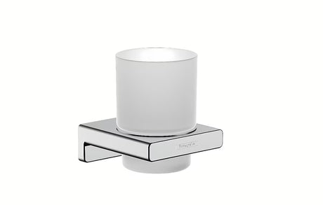 Hansgrohe addstoris stiklinės ir šepetėlių laikiklis su stikliniu puodeliu, chromo spalvos, tvirtinamas prie sienos.