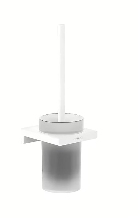 Sieninė WC šepetys hansgrohe addstoris matinės baltos spalvos su laikikliu iš metalo su stikliniu indu.