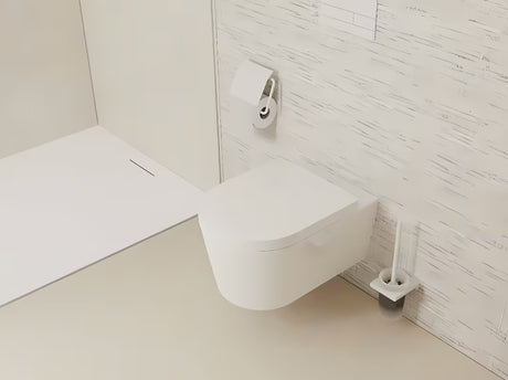 Sieninė WC šepetys hansgrohe addstoris matinės baltos spalvos su laikikliu iš metalo su stikliniu indu.