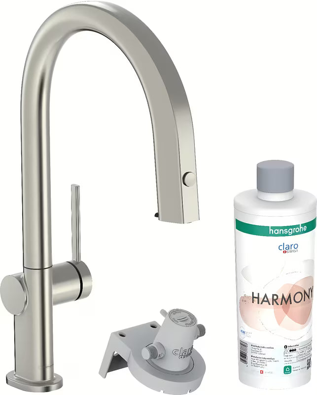 Virtuvinis plautuvės maišytuvas Hansgrohe Aqittura nerūdijančio plieno išvaizdos su filtru, su ištraukiamu snapu ir sBox