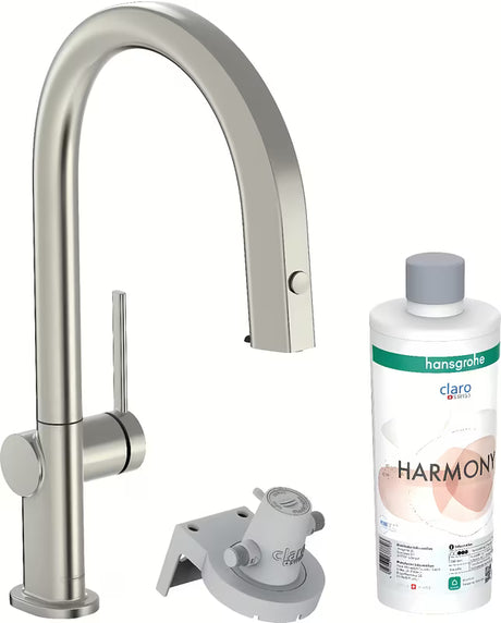 Virtuvinis plautuvės maišytuvas Hansgrohe Aqittura nerūdijančio plieno išvaizdos su filtru, su ištraukiamu snapu ir sBox