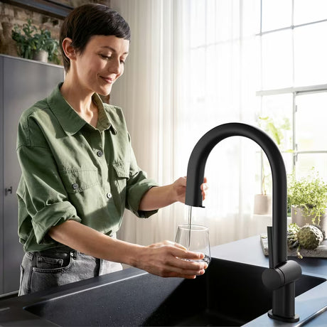 Hansgrohe Aqittura virtuvinis maišytuvas matinės juodos spalvos, su ištraukiamu snapu ir mygtuku pro filtruotam vandeniui