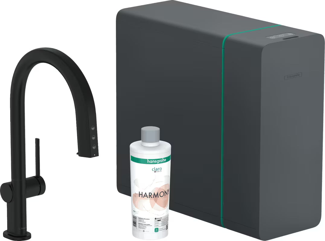 Hansgrohe Aqittura virtuvinis maišytuvas matinės juodos spalvos su mygtuku Select pro filtruotam atšaldytam vandeniui