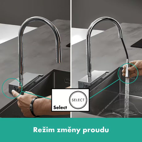 Chromuotas virtuvinis maišytuvas Hansgrohe Aquno su ištraukiamu dušeliu su Select srovės perjungimu