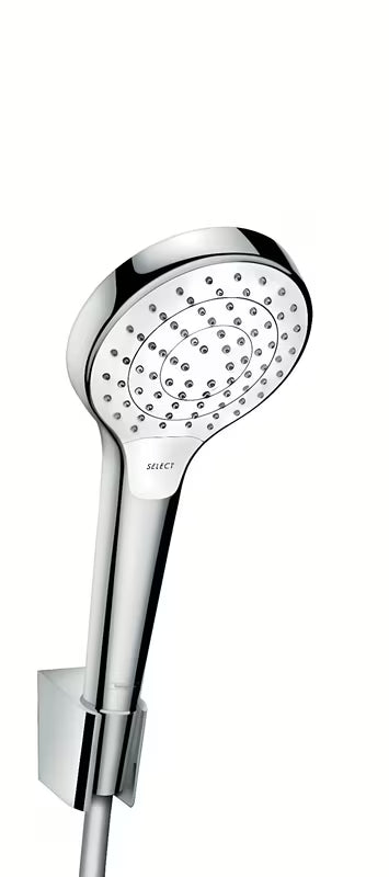 Hansgrohe Croma Select rankinio dušo komplektas baltos ir chromo spalvos, su rankiniu dušu ir žarna