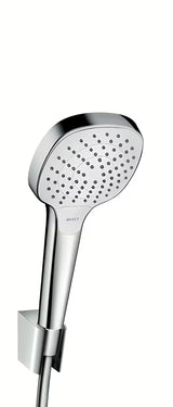 Hansgrohe Croma Select rankinio dušo komplektas baltos ir chromo spalvos, su 110 mm rankiniu dušu ir Select mygtuku