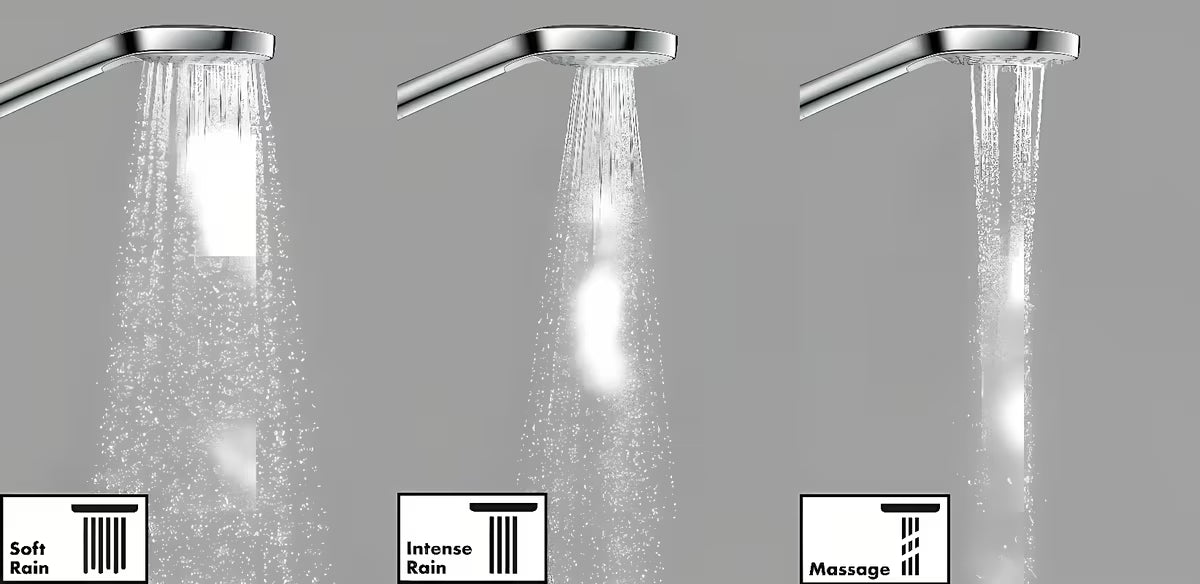 Rankinis dušas Hansgrohe Croma Select E baltos ir chromo spalvos su mygtuku Select, trijų srovių