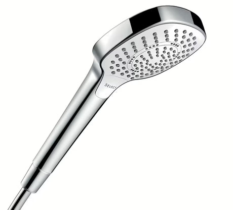 Rankinis dušelis Hansgrohe Croma Select E baltos/chromo spalvos su mygtuku Select, 110 mm skersmens
