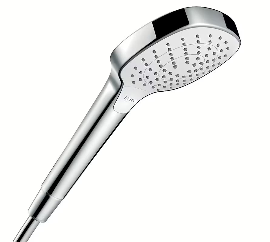Rankinis dušelis Hansgrohe Croma Select E baltos ir chromo spalvos su mygtuku Select, su 110 mm dušo disku