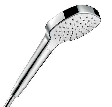 Rankinis dušelis Hansgrohe Croma Select E baltos ir chromo spalvos, su Rain srove, 110 mm skersmens.