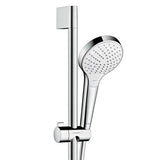 Dušo komplektas Hansgrohe Croma Select S baltos ir chromo spalvos, su 3jet rankiniu dušu, Unica stovu ir 1,60 m žarna.