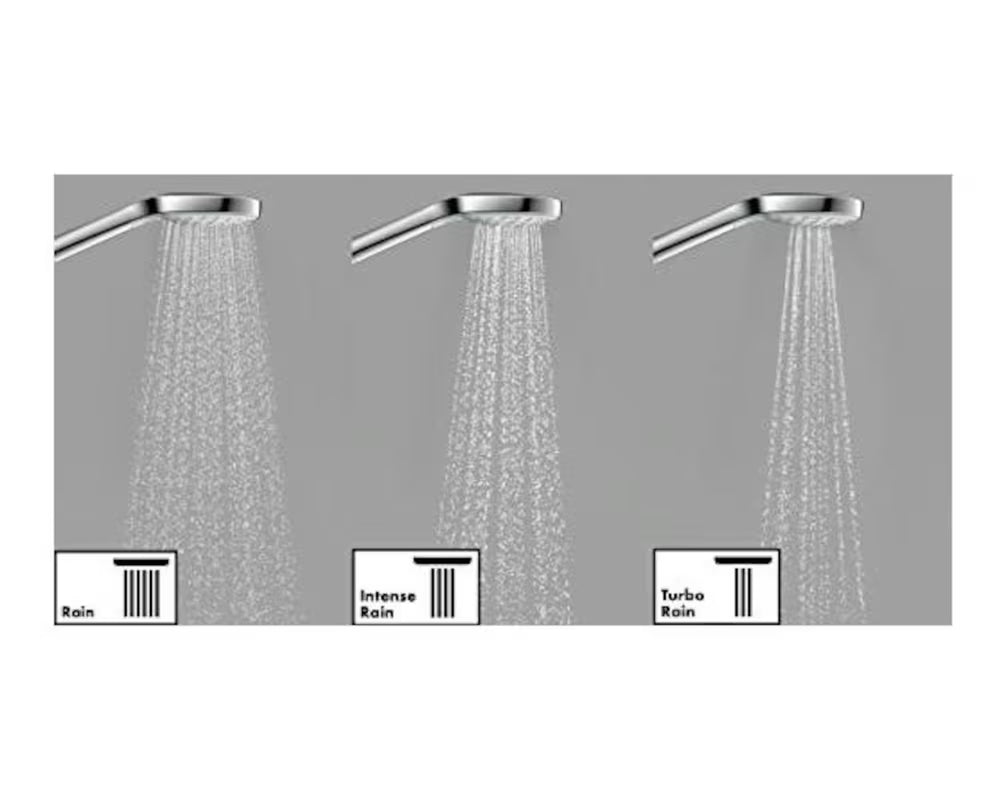 Dušo komplektas Hansgrohe Croma Select S baltos ir chromo spalvos, su 3jet rankiniu dušu, Unica stovu ir 1,60 m žarna.