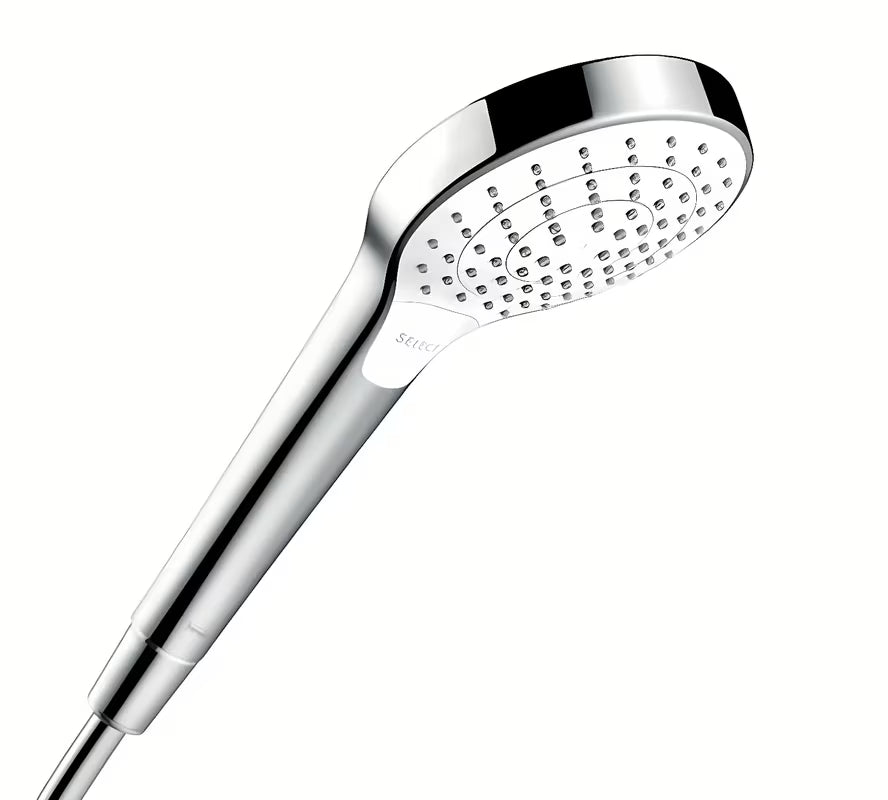 Rankinis dušas Hansgrohe Croma Select S baltos ir chromo spalvos su mygtuku Select, trijų srovių