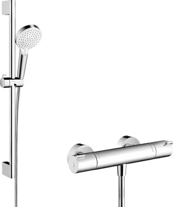Hansgrohe Crometta dušo sistema su termostatu, baltos ir chromo spalvos, su rankiniu dušeliu ir dušo stovu